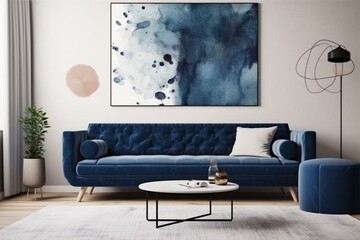 Modern living room with deep blue couch and artwork on wall. Generative AI