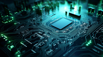 Close-up of advanced circuit board with glowing LED lights, high-tech background