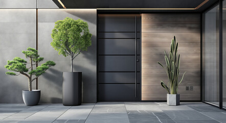 Modern Home Entrance with Potted Plants. Stylish front door flanked by lush potted trees on a sleek house facade.