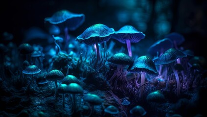 Fototapeta na wymiar A group of mushrooms that are glowing in the dark