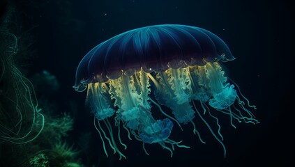 A group of jellyfish swimming in the ocean