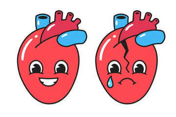 Cartoon happy and sad broken heart character, simple retro comic style vector illustration. Anatomical human heart with face.
