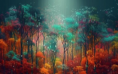A painting of a forest filled with lots of trees