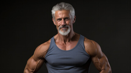 Look at this. Smiling middle aged muscular man in t shirt showing his biceps, while posing in studio over grey background. - obrazy, fototapety, plakaty