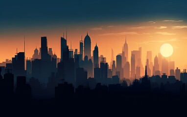 A cityscape with the sun setting in the background