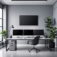 Sophisticated Home Office: Triple Monitor Setup in a Bright, Modern Space