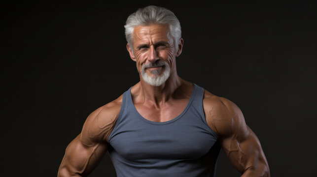 Look at this. Smiling middle aged muscular man in t shirt showing his biceps, while posing in studio over grey background.