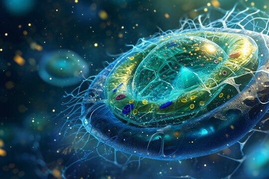 A close-up of a blue and green cell with yellow dots Generative AI