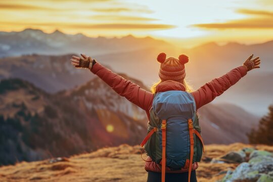 Close up back view of young woman with a travel backpack on her back and holds her hands up as a sign of freedom standing on rock looking at mountains. Joyful free travel concept