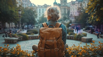 Elderly female traveler with a backpack sits on a bench, marveling at the city's landmarks. Exploration, adventure, and sightseeing in a cityscape - obrazy, fototapety, plakaty