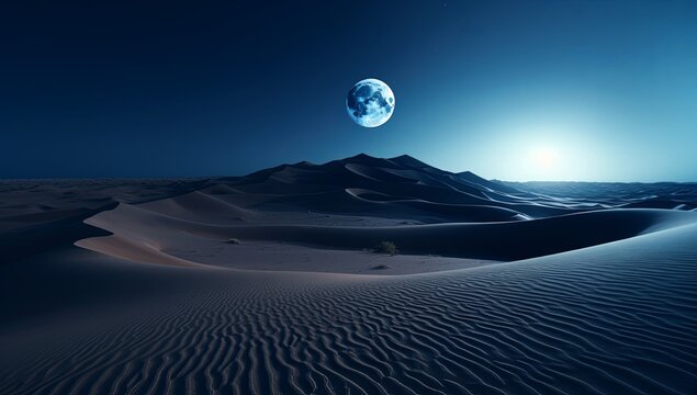 A desert with sand dunes and a moon in the sky