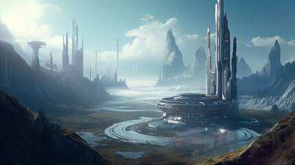 A futuristic city surrounded by mountains and water