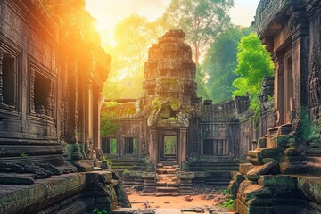 Fototapeta premium Sunlit Ancient Angkor Wat Temple Ruins in Jungle 