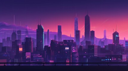A futuristic cityscape with a pink and purple sky