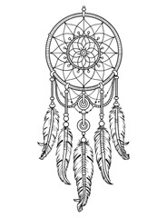 Dream catcher vector doodle illustration. Coloring page for adults