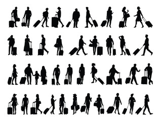 Peoples with suitcase silhouette, Travel bag silhouette, Traveling silhouette