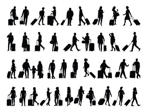 Peoples with suitcase silhouette, Travel bag silhouette, Traveling silhouette