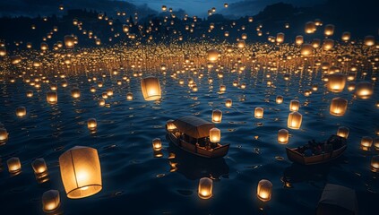 A group of paper lanterns floating on top of a body of water