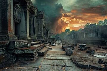 Sunlit Ancient Angkor Wat Temple Ruins in Jungle
