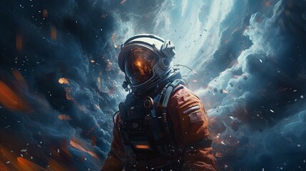 A man in a space suit standing in front of a sky filled with clouds