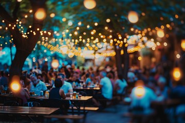 A lively outdoor gathering with people enjoying food and drinks under a canopy of lights Generative AI