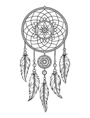 Dream catcher vector doodle illustration. Coloring page for adults