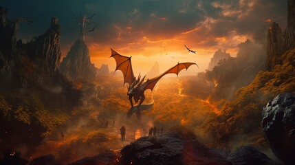 A painting of a dragon flying over a forest