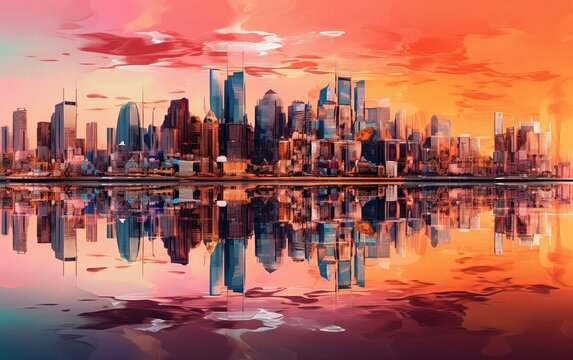 A painting of a cityscape with a reflection in the water