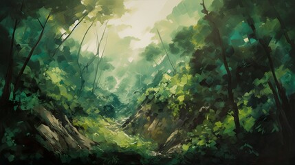A painting of a green forest with trees