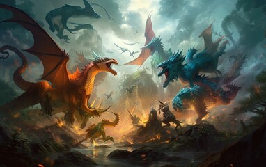 A painting of a group of dragon in a forest