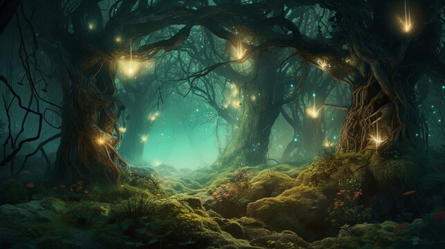 A painting of a forest with fairy lights