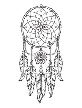 Dream catcher vector doodle illustration. Coloring page for adults