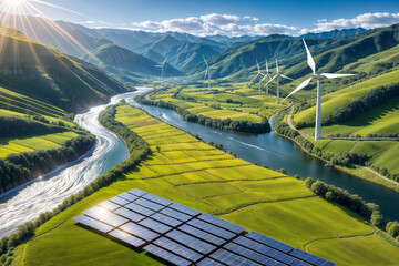 Solar panels and wind turbines in the valley. Concept of renewable energy
