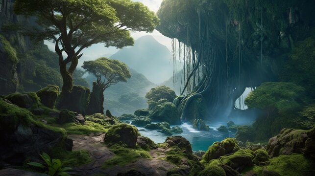 A painting of a river flowing through a lush green forest