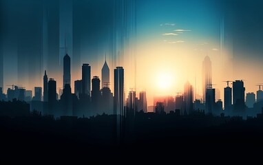 A picture of a city skyline at sunset