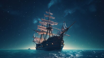 A pirate ship sailing in the ocean at night