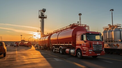 Logistics, Petroleum Product Distribution Center with Tanker Trucks Loading and Unloading Under Vibrant Morning Sunlight