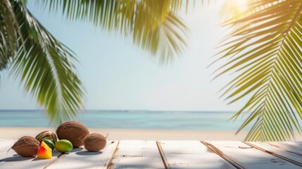 Obraz premium White Wooden Table Overlooking a Sunny Tropical Beach Scene