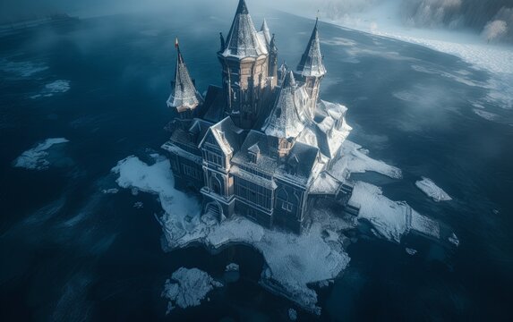 An aerial view of a castle in the middle of the ocean
