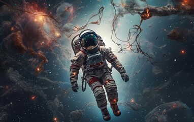 An astronaut floating in space surrounded by stars