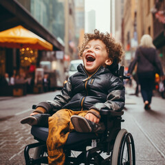Happy child in a wheelchair. - obrazy, fototapety, plakaty