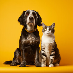 Dog and cat on yellow background.