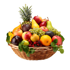 Naklejka na ściany i meble A basket of various fruits such as oranges, bananas, pineapple, grapes, kiwi, apples on a transparent background png