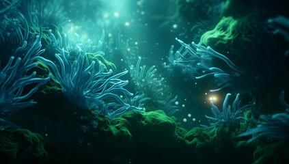Fototapeta na wymiar An underwater scene with a light shining in the water