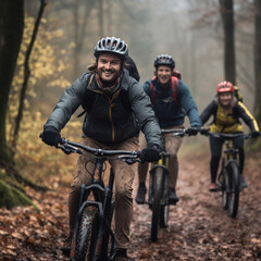 Friends cycling in the forest.