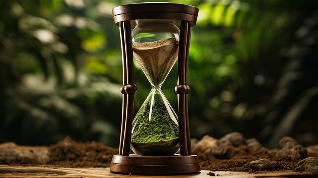 Serene hourglass filled with a lush green forest scene, grains of sand as a flowing river, on a dark wooden base
