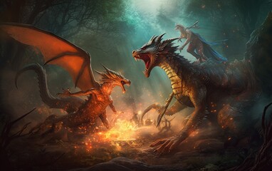 Two dragon fighting over a fire in a forest
