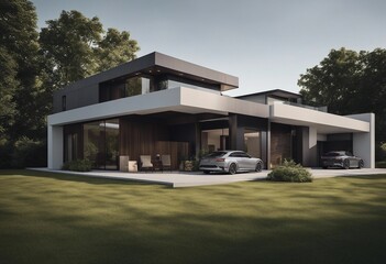 A set of three modern contemporary houses with garage isolated on transparent background family hous