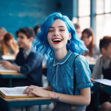 Happy student with blue hair in class.