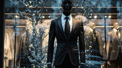 Fototapeta na wymiar luxury black suit on a mannequin in a store in a windmill, banner, copy space